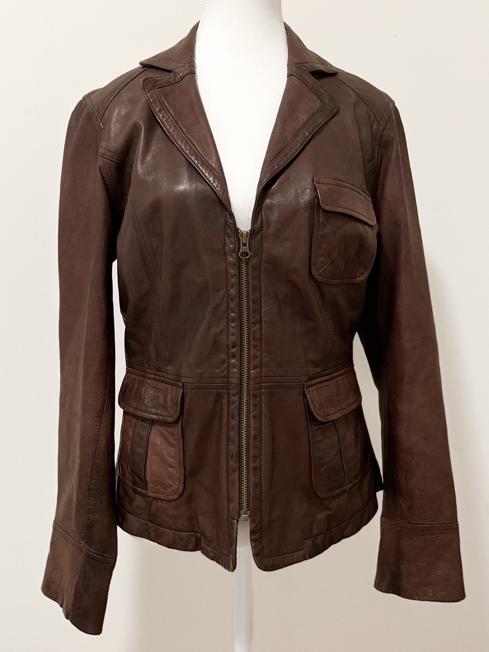 Vintage 90s Y2K Gap Distressed Brown Leather Moto Utility Jacket M